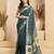 Teal green linen printed one minute saree with zari stripe border | ready-to-wear saree with unstitched blouse