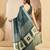 Teal green linen printed one minute saree with zari stripe border | ready-to-wear saree with unstitched blouse