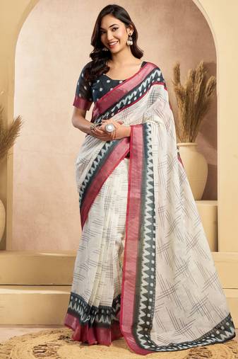 Off-white linen printed ready-to-wear saree with zari stripe border | one minute saree with blouse piece & pocket