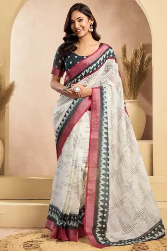 Off-white linen printed ready-to-wear saree with zari stripe border | one minute saree with blouse piece & pocket