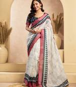 Off-white linen printed ready-to-wear saree with zari stripe border | one minute saree with blouse piece & pocket