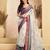 Off-white linen printed ready-to-wear saree with zari stripe border | one minute saree with blouse piece & pocket