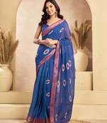 Blue linen ready-to-wear saree with ikat print & border | one minute saree with unstitched blouse & pocket