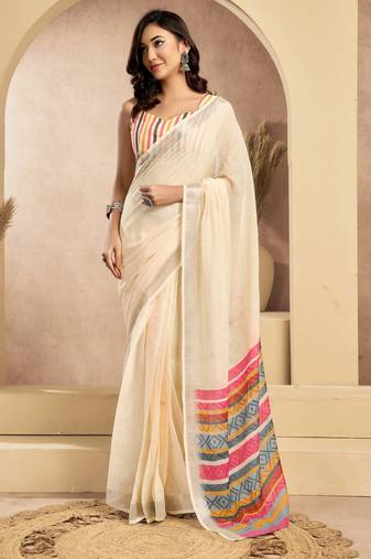 Beige linen ready-to-wear saree with zari stripe border | traditional saree with unstitched blouse & pocket