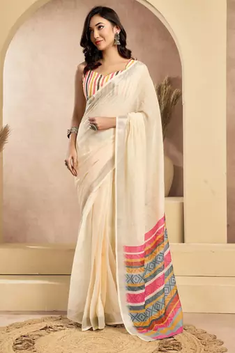 Beige linen ready-to-wear saree with zari stripe border | traditional saree with unstitched blouse & pocket