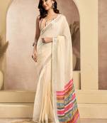 Beige linen ready-to-wear saree with zari stripe border | traditional saree with unstitched blouse & pocket