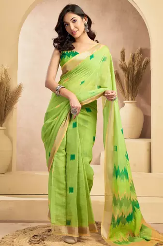 Lime green linen ikat printed ready-to-wear saree | party wear one minute saree with unstitched blouse & pocket