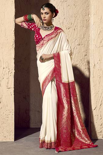 Off white faux crepe georgette zari weaving work saree