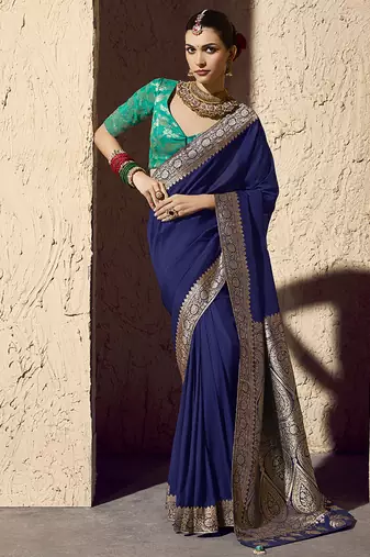 Navy blue faux crepe georgette zari weaving work saree