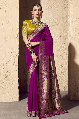 Dark magenta faux crepe georgette zari weaving work saree