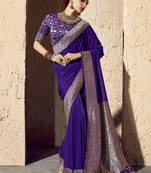 Purple faux crepe georgette zari weaving work saree