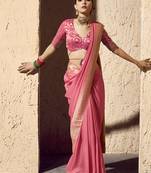 Light pink faux crepe georgette zari weaving work saree