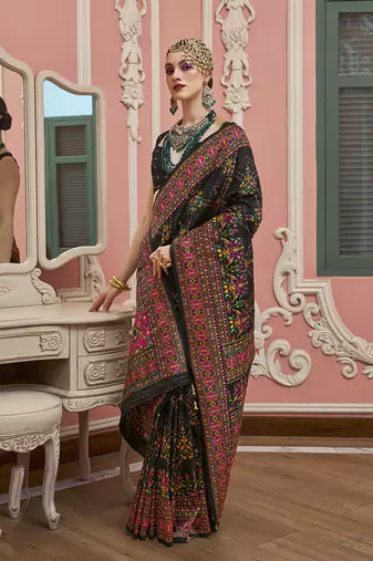 black faux banarasi art silk traditional saree with meenakari and weaving work