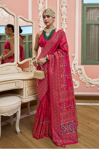 pink faux banarasi art silk traditional saree with meenakari and weaving work
