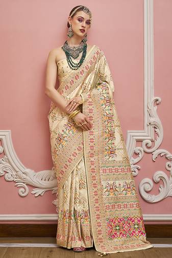 cream faux banarasi art silk traditional saree with meenakari and weaving work