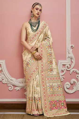 cream faux banarasi art silk traditional saree with meenakari and weaving work
