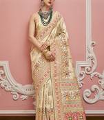 cream faux banarasi art silk traditional saree with meenakari and weaving work