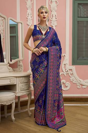 blue faux banarasi art silk traditional saree with meenakari and weaving work