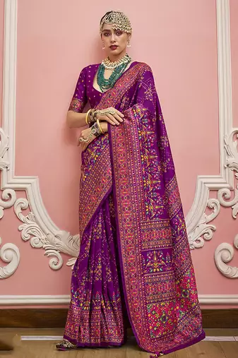 dark magenta faux banarasi art silk traditional saree with meenakari and weaving work