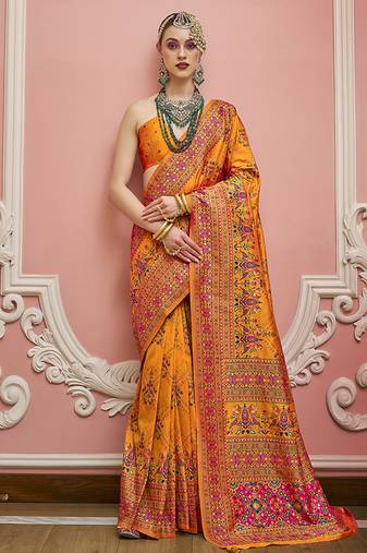 orange faux banarasi art silk traditional saree with meenakari and weaving work