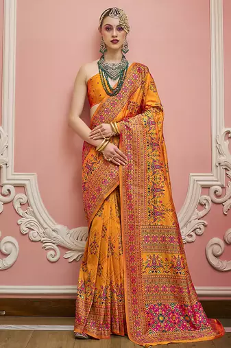 orange faux banarasi art silk traditional saree with meenakari and weaving work