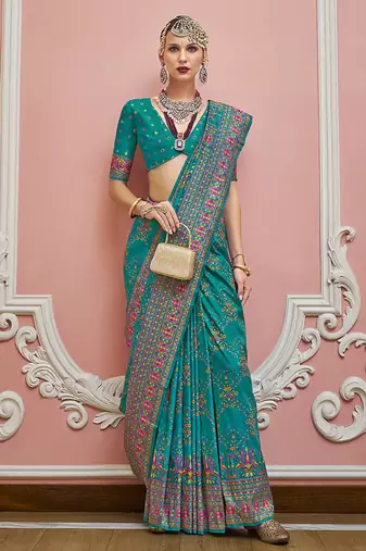 teal faux banarasi art silk traditional saree with meenakari and weaving work