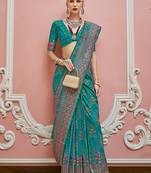 teal faux banarasi art silk traditional saree with meenakari and weaving work