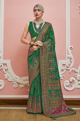 green faux banarasi art silk traditional saree with meenakari and weaving work