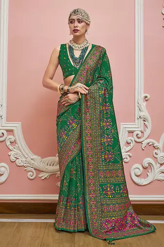 green faux banarasi art silk traditional saree with meenakari and weaving work