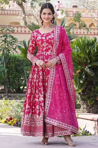Viscose Diable Jacquard Heavy Sequins Embroidered Stitched Gown with Russian Silk Dupatta