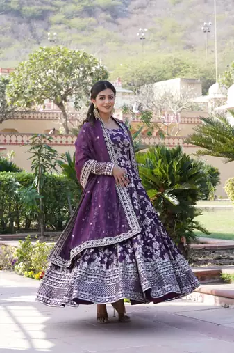 Viscose Diable Jacquard Heavy Sequins Embroidered Stitched Gown with Russian Silk Dupatta