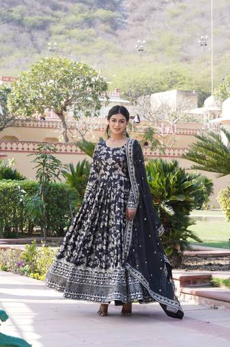 Viscose Diable Jacquard Heavy Sequins Embroidered Stitched Gown with Russian Silk Dupatta