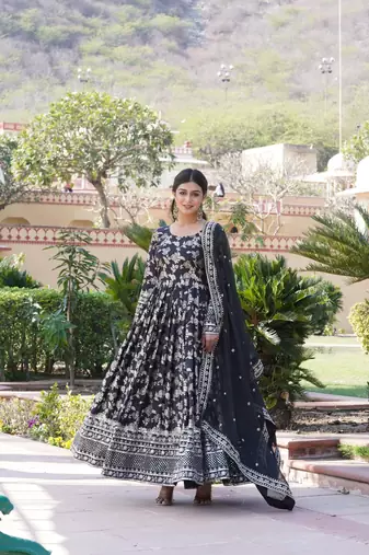 Viscose Diable Jacquard Heavy Sequins Embroidered Stitched Gown with Russian Silk Dupatta