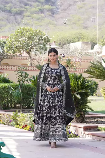 Viscose Diable Jacquard Heavy Sequins Embroidered Stitched Gown with Russian Silk Dupatta