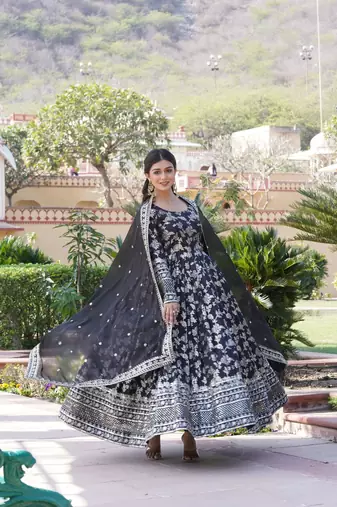 Viscose Diable Jacquard Heavy Sequins Embroidered Stitched Gown with Russian Silk Dupatta