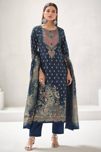 navy blue lawn cotton digital printed dress material