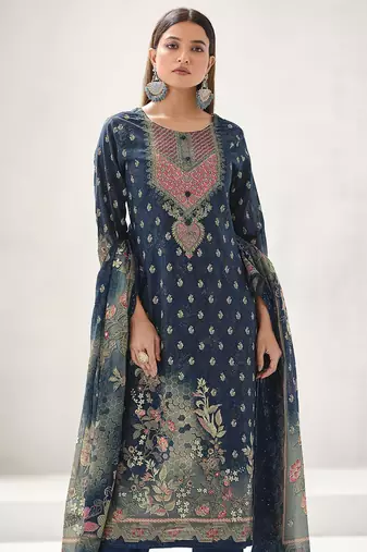 navy blue lawn cotton digital printed dress material