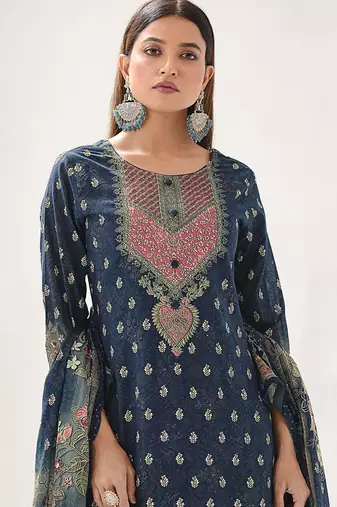 navy blue lawn cotton digital printed dress material