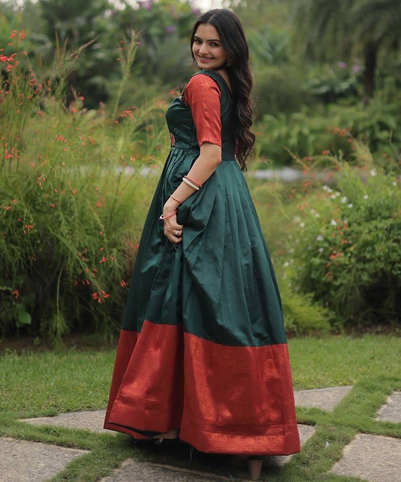 Banarasi Jacquard Silk Embroidered Semi-Stitched Gown     Green | Up to 42 Size | 56" Length