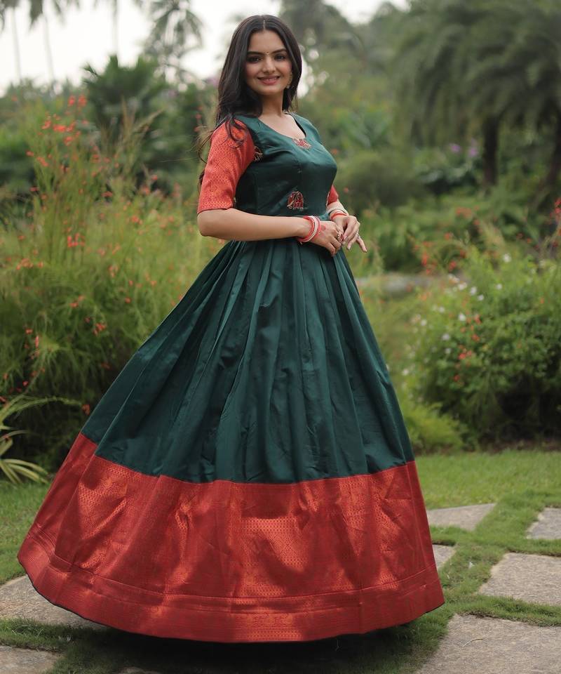 Banarasi Jacquard Silk Embroidered Semi-Stitched Gown     Green | Up to 42 Size | 56" Length