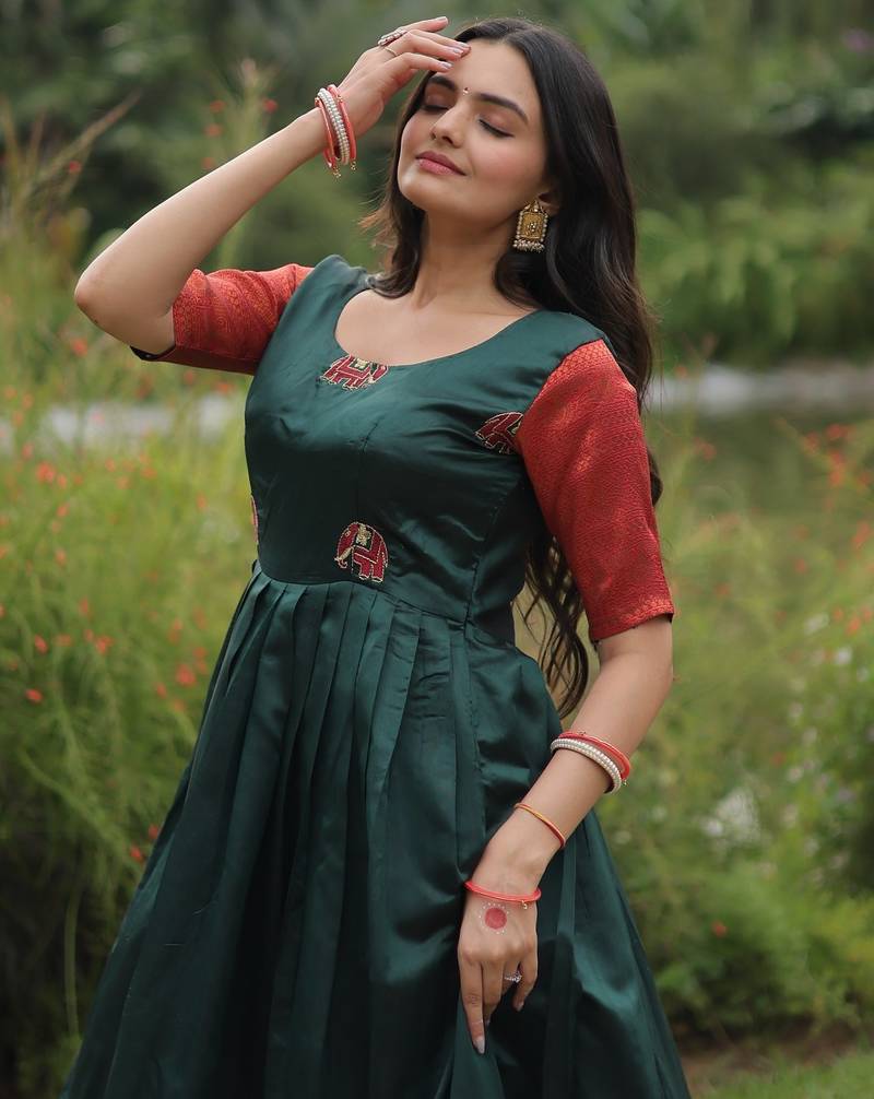 Banarasi Jacquard Silk Embroidered Semi-Stitched Gown     Green | Up to 42 Size | 56" Length