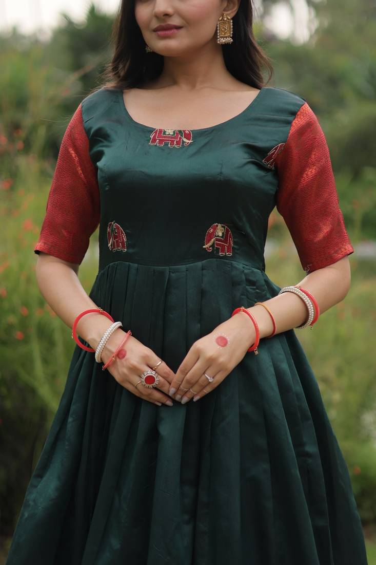 Banarasi Jacquard Silk Embroidered Semi-Stitched Gown     Green | Up to 42 Size | 56" Length