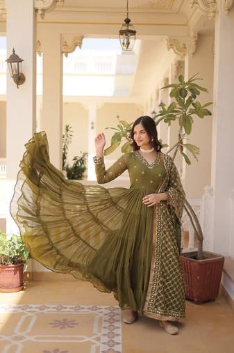Faux Georgette Heavy Sequins Embroidered Stitched Gown with Dupatta     Mehendi Green | 56" Length