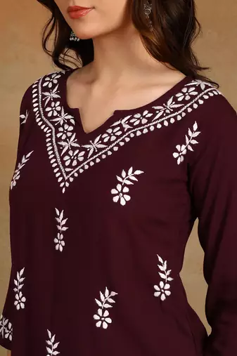 women ethnic motifs hand embroidered v-neck chikankari liva straight kurti