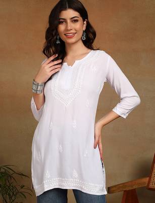 chikankari hand embroidered white liva rayon ethnic motifs floral straight kurta kurti tunic for women 1