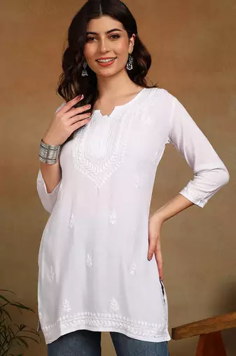 chikankari hand embroidered white liva rayon ethnic motifs floral straight kurta kurti tunic for women