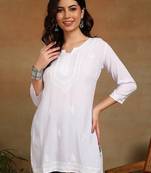 chikankari hand embroidered white liva rayon ethnic motifs floral straight kurta kurti tunic for women