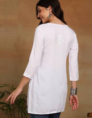 chikankari hand embroidered white liva rayon ethnic motifs floral straight kurta kurti tunic for women 2