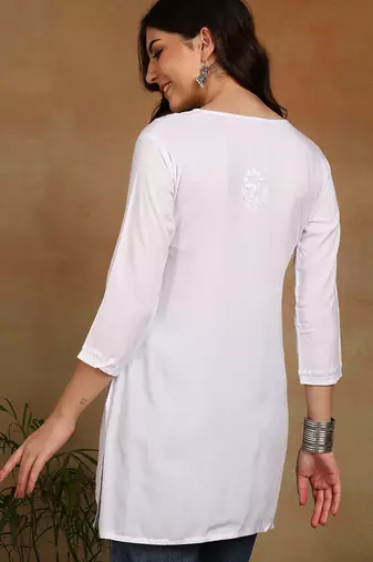 chikankari hand embroidered white liva rayon ethnic motifs floral straight kurta kurti tunic for women