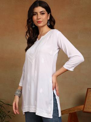 chikankari hand embroidered white liva rayon ethnic motifs floral straight kurta kurti tunic for women 3